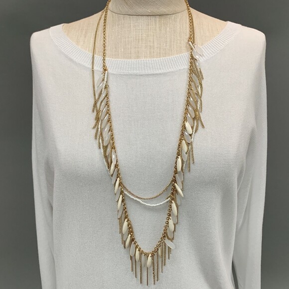 Bay to Baubles Long Necklace Rhionna Opal Fringe Gold-tone White Chains NWT - Picture 1 of 9